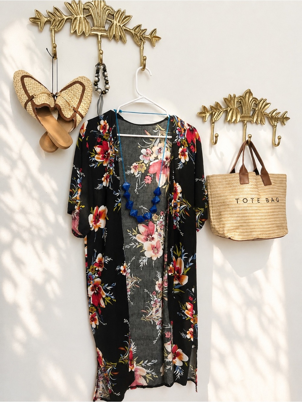 🆕Black Floral summer duster with Pink & Cream Blooms M ptp 21” l 41”